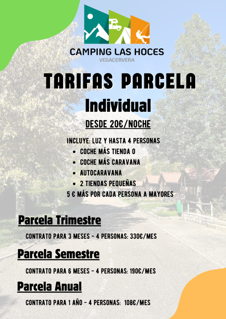 Tarifas Parcela, parcela trimestre, semestre y anual, camping Hoces de Vegacervera en León